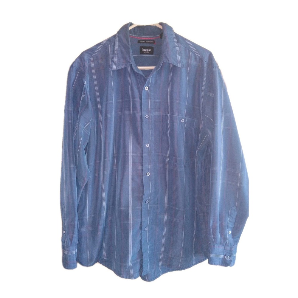 Men's Sz L Haggar‎ Long Sleeve Luxury Microfiber Blue Plaid Button-Down Shirt
